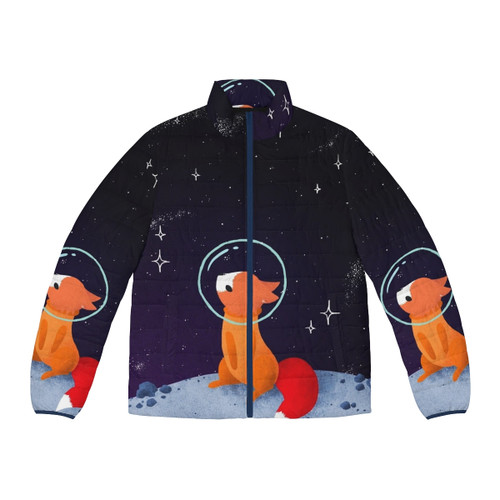 Whimsical illustration of a space fox wearing a puffer jacket, exploring the galaxy