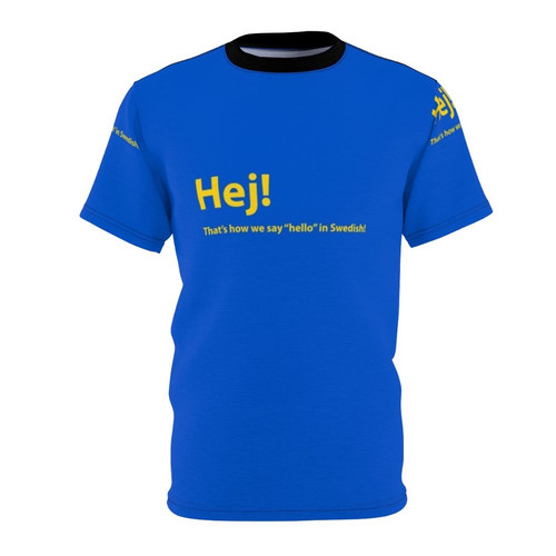 Graphic t-shirt featuring the Swedish greeting "Hej" in a stylized font design