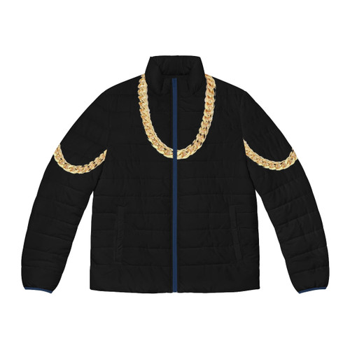 Model wearing a fashionable gold chain puffer jacket