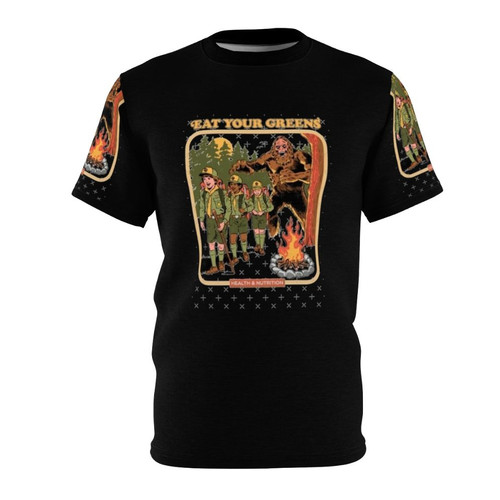 Person wearing a t-shirt with the text "Eat Your Greens" printed on it.