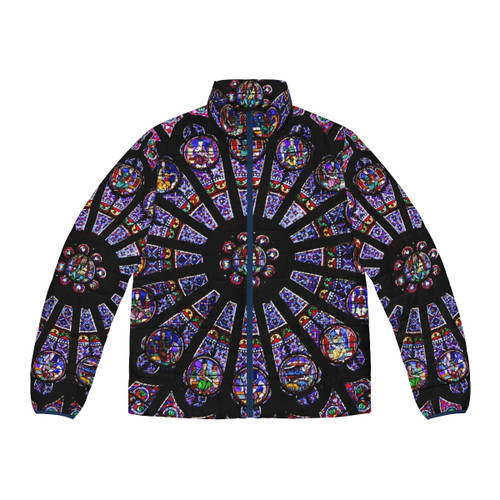 Notre Dame Rose Window Puffer Jacket featuring stained glass cathedral design