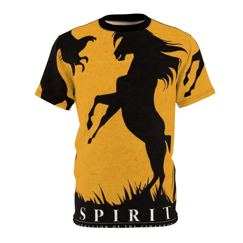 Minimalist t-shirt design featuring a stylized silhouette of a horse, inspired by the movie "Spirit Stallion of the Cimarron".