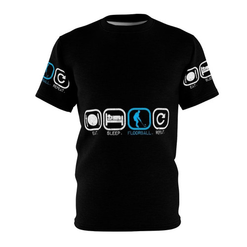 Floorball player wearing a t-shirt with the text "Eat Sleep Floorball Repeat"