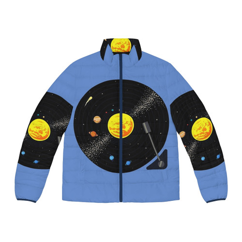A puffer jacket with a colorful solar system and vinyl record design