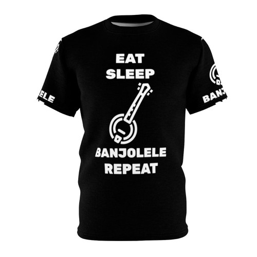A stylish t-shirt featuring the text "Eat Sleep Banjolele Repeat" designed for banjolele enthusiasts.