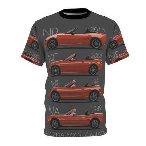 Mazda MX-5 Evolution AOP T-shirt showcasing the design evolution of the iconic Japanese sports car