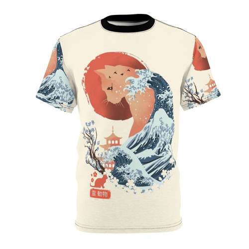 A vibrant, nature-inspired t-shirt featuring a whimsical cat illustration in the style of traditional Japanese ukiyo-e art.