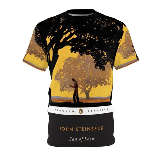 Artistic interpretation of the classic novel East of Eden by John Steinbeck on a high-quality t-shirt.