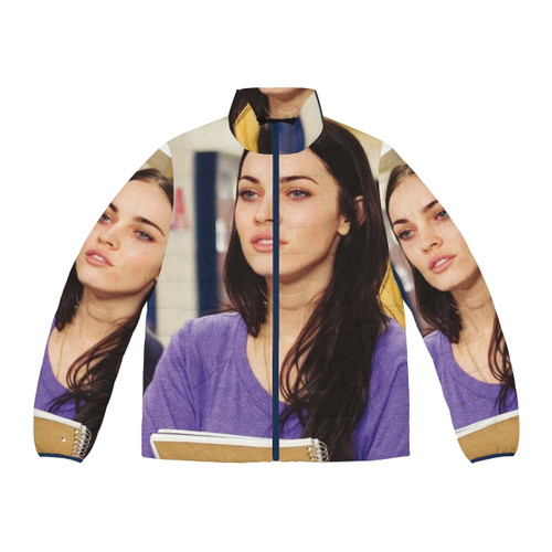 Stylish puffer jacket with 'So Tired' graphic for fashionable winter wear