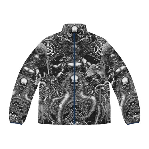 A puffer jacket featuring the silhouette of Thor's hammer Mjolnir and lightning bolts, representing the god of thunder