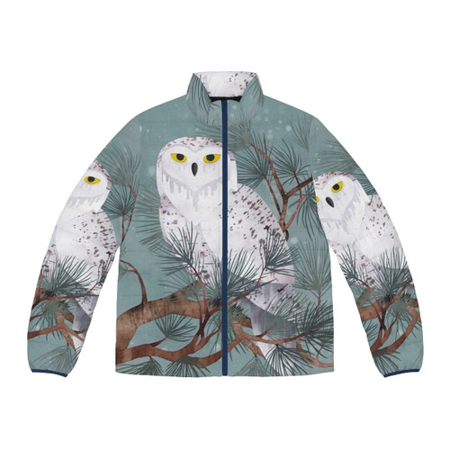 Snowy puffer jacket with pine trees and winter landscape
