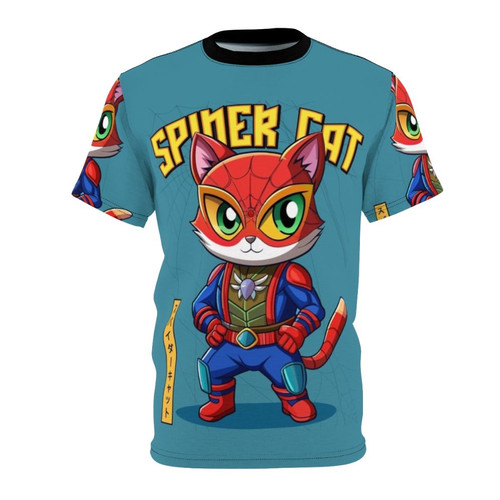 A vibrant graphic tee featuring a spider-like cat character in a heroic pose.