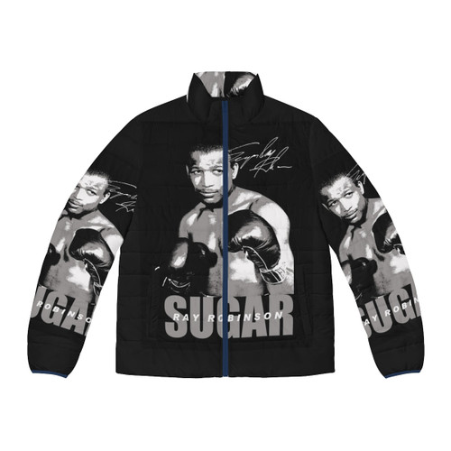Sugar Ray Robinson wearing a puffer jacket with boxing gloves in the background