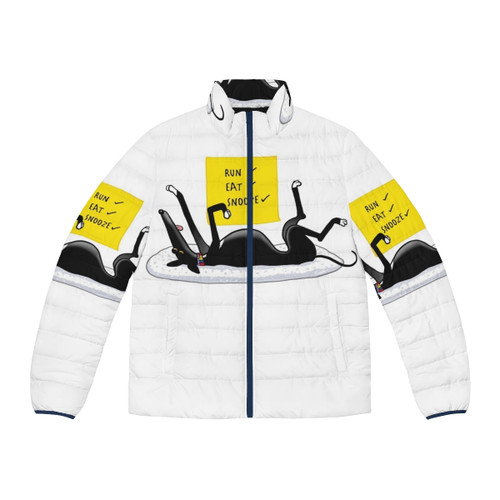 Snoozin 39 puffer jacket featuring a cartoon design of a greyhound or lurcher dog