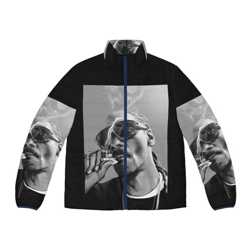 Snoop Dogg illustration puffer jacket with marijuana and music references