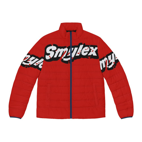 Smylex Harley Quinn inspired puffer jacket with red and black splatter design