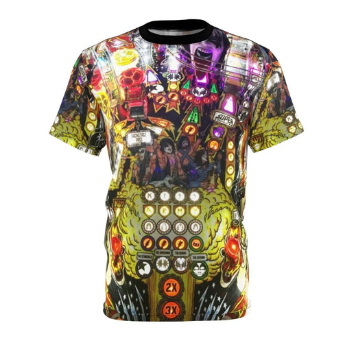 Vintage pinball machine graphic t-shirt with retro gaming design