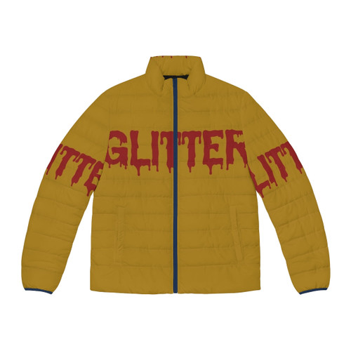 Colorful and bold puffer jacket featuring a glittersnake acrylic painting design