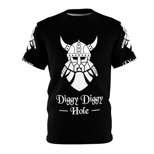 A white t-shirt featuring a dwarf miner in a fantasy underground tunnel, with pickaxe and mining equipment.