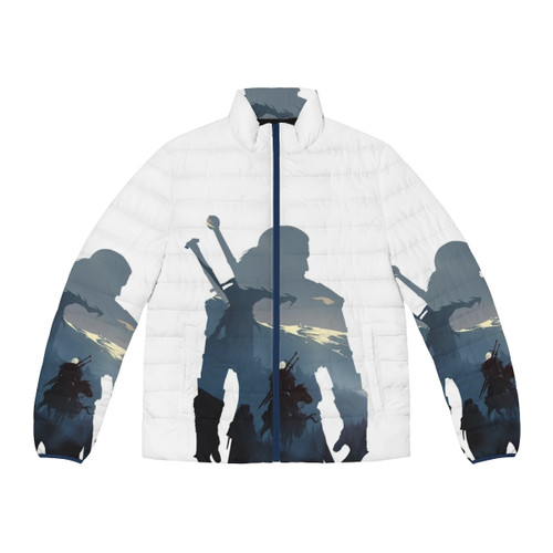 A puffer jacket featuring the characters from the movie Up, including Russell, Dug, and Carl Fredrickson