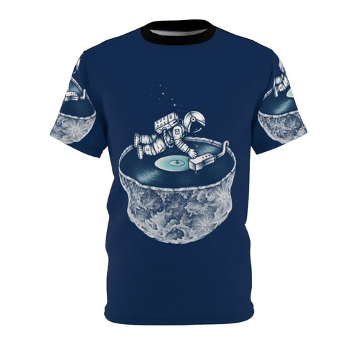 T-shirt featuring a space-themed design with an astronaut, vinyl music, stars, and asteroids