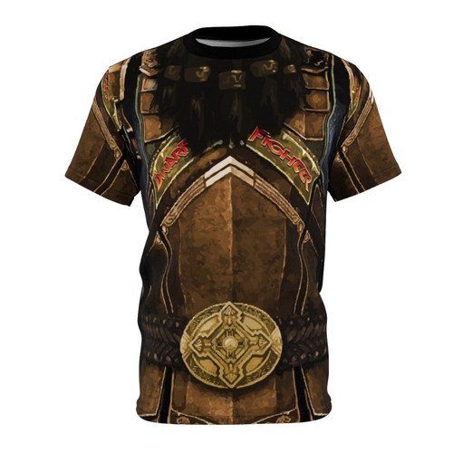 Dwarf fighter themed all-over print t-shirt, featuring fantasy adventure design