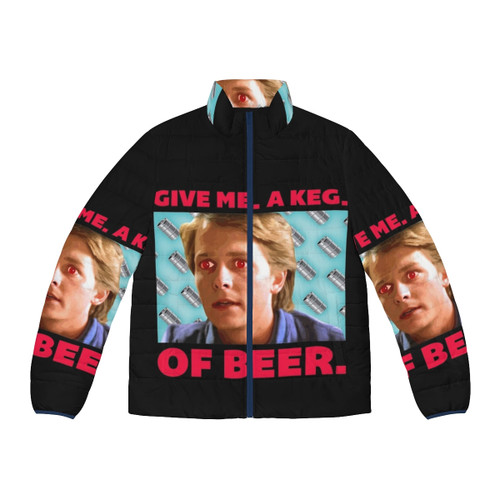Vintage 80s "Give Me a Keg of Beer" puffer jacket with retro Teen Wolf pop culture design