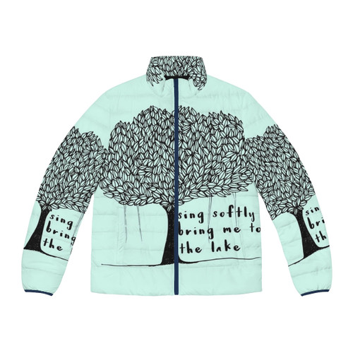 Cozy and stylish puffer jacket featuring nature-inspired design and lyrics from The Dear Hunter