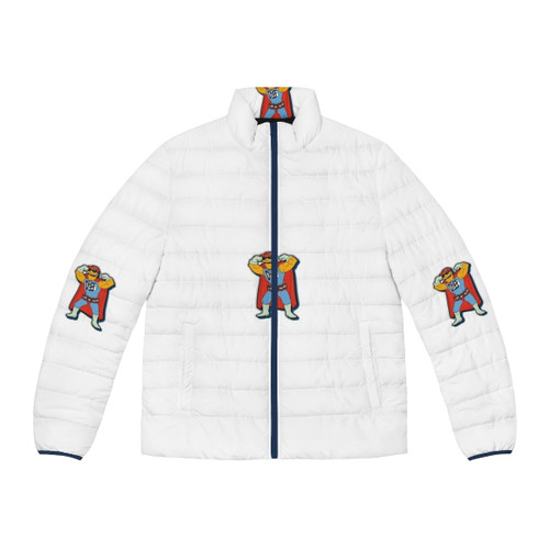Simpsons Beer Superhero Puffer Jacket with cartoon graphics and branding