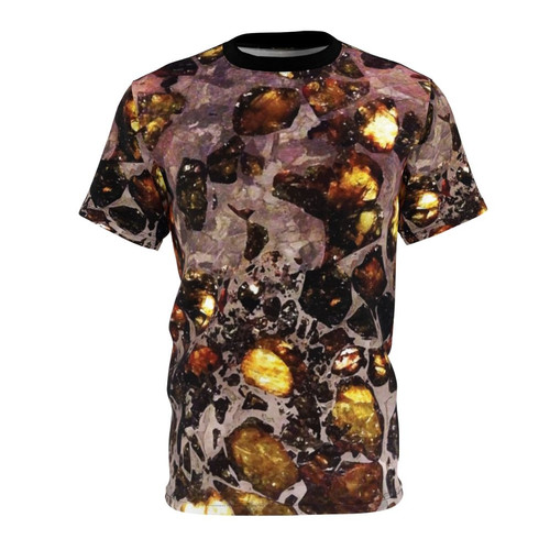 Pallasite meteorite t-shirt featuring unique gemstone-like patterns inspired by space rocks and astronomy