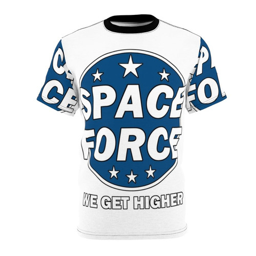 Stylized space force-inspired t-shirt design with spaceship, moon, and quotes