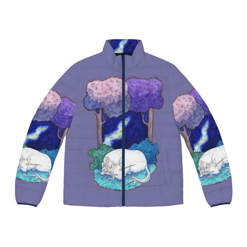 Puffer jacket featuring a dreamy lilac forest design, inspired by the fantasy world of The Last Unicorn