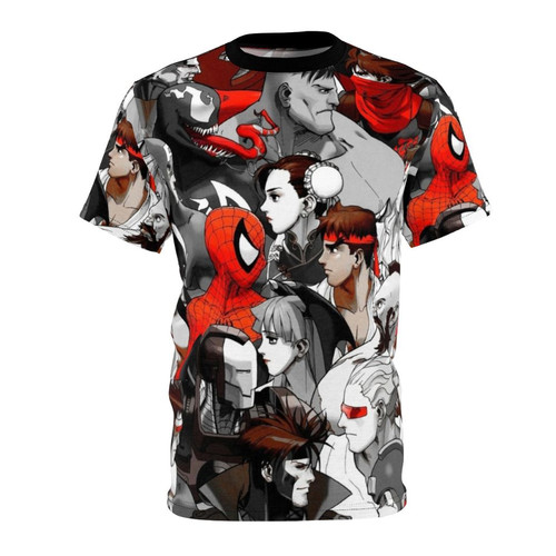 Retro-style red and black t-shirt with video game-inspired design