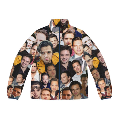 Sebastian Stan wearing a puffer jacket with a collage design