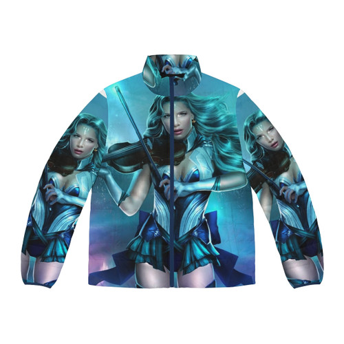 Seas Puffer Jacket featuring a deep blue, water-inspired design