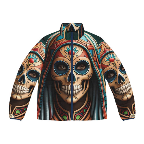 Santa Muerte skull puffer jacket with floral design