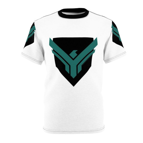Stylized Dune-inspired House Atreides logo on t-shirt against a background of science fiction imagery