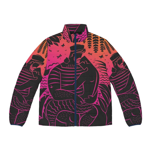 Sunset-colored puffer jacket for the stylish gay sailor daddy