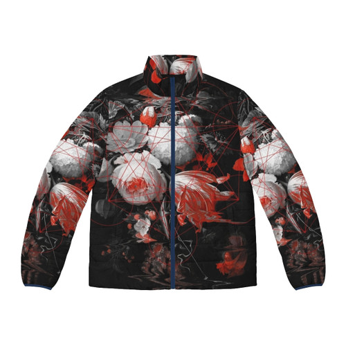 A stylish puffer jacket featuring a sacred geometry Metatron cube design in red, white, and black.