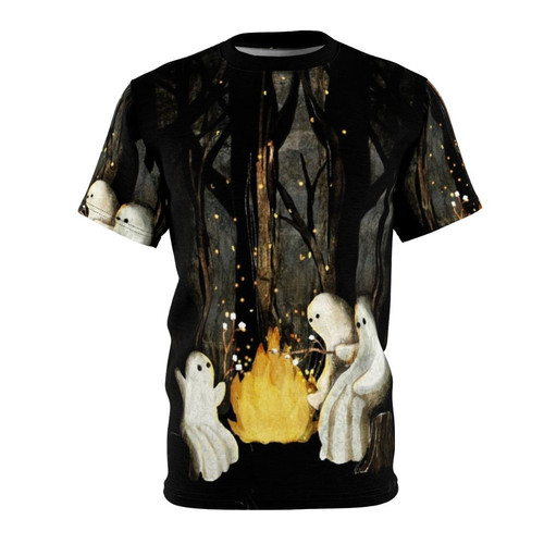 Marshmallow and ghost illustration on a t-shirt, perfect for camping and spooky stories
