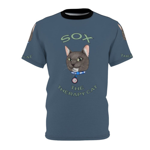 Unique digital drawing of a cute cartoon cat printed on a high-quality t-shirt for cat lovers.