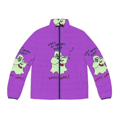 A puffer jacket featuring a design of ghosts playing sheet music, suitable for musicians and fans of ghostly puns.