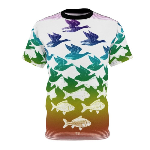 Model wearing a t-shirt with a surreal Escher-inspired optical illusion design featuring water, sky, and animals.