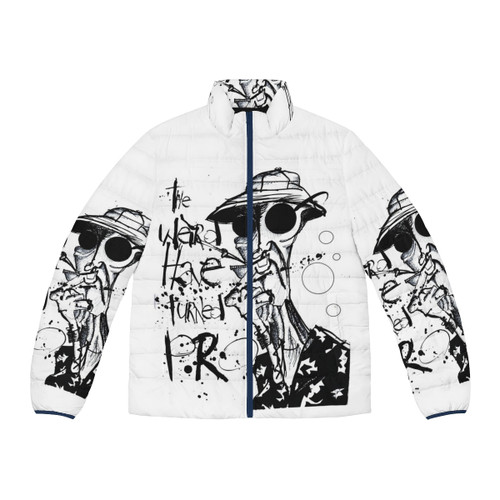 A puffer jacket featuring a gonzo-inspired design with splatter ink and Ralph Steadman-style artwork