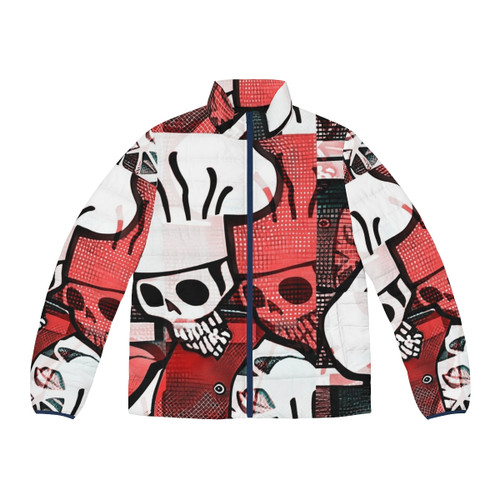 Skeleton chef design puffer jacket, featuring a chef silhouette in a skeleton design
