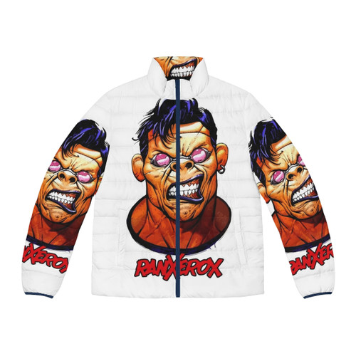 Ranxerox Head Puffer Jacket, featuring the iconic comic book character in a stylish urban design
