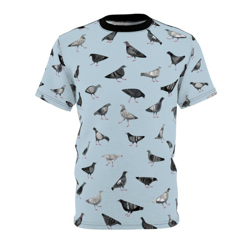 Artistic graphic tee featuring a repeating pattern of pigeons in a gray and white color scheme