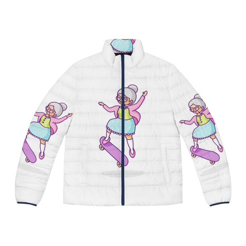 Elderly woman wearing a puffer jacket while skateboarding
