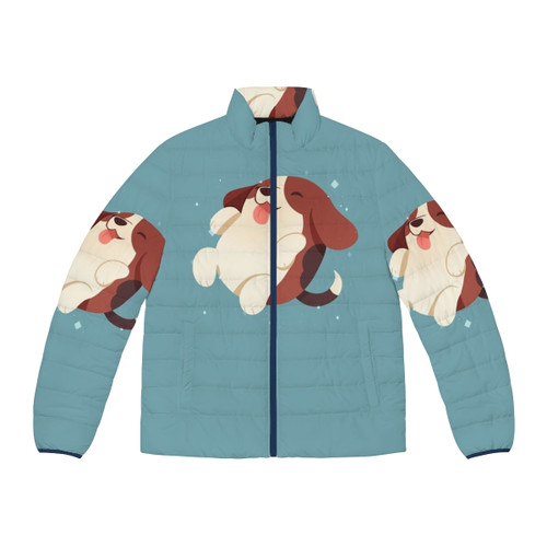 Puppy paw print puffer jacket with LGBT pride flag design