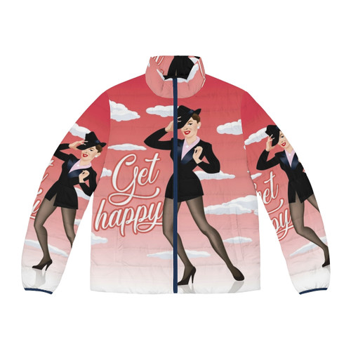 Cozy and stylish 'Get Happy' puffer jacket featuring Judy Garland inspired design by Alejandro Mogollo
